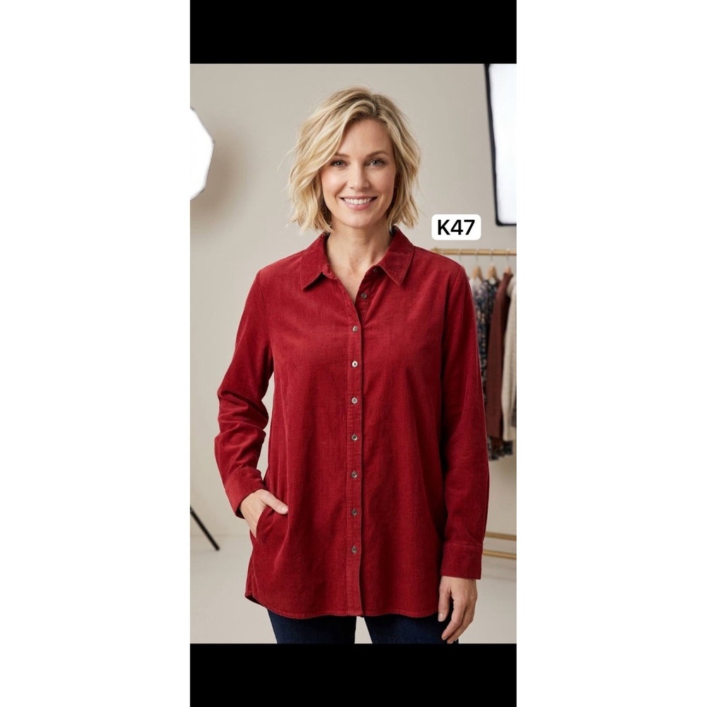 J. Jill Red 100% Cotton Corduroy Button-Down Long Sleeve Shirt Top Sz Large L